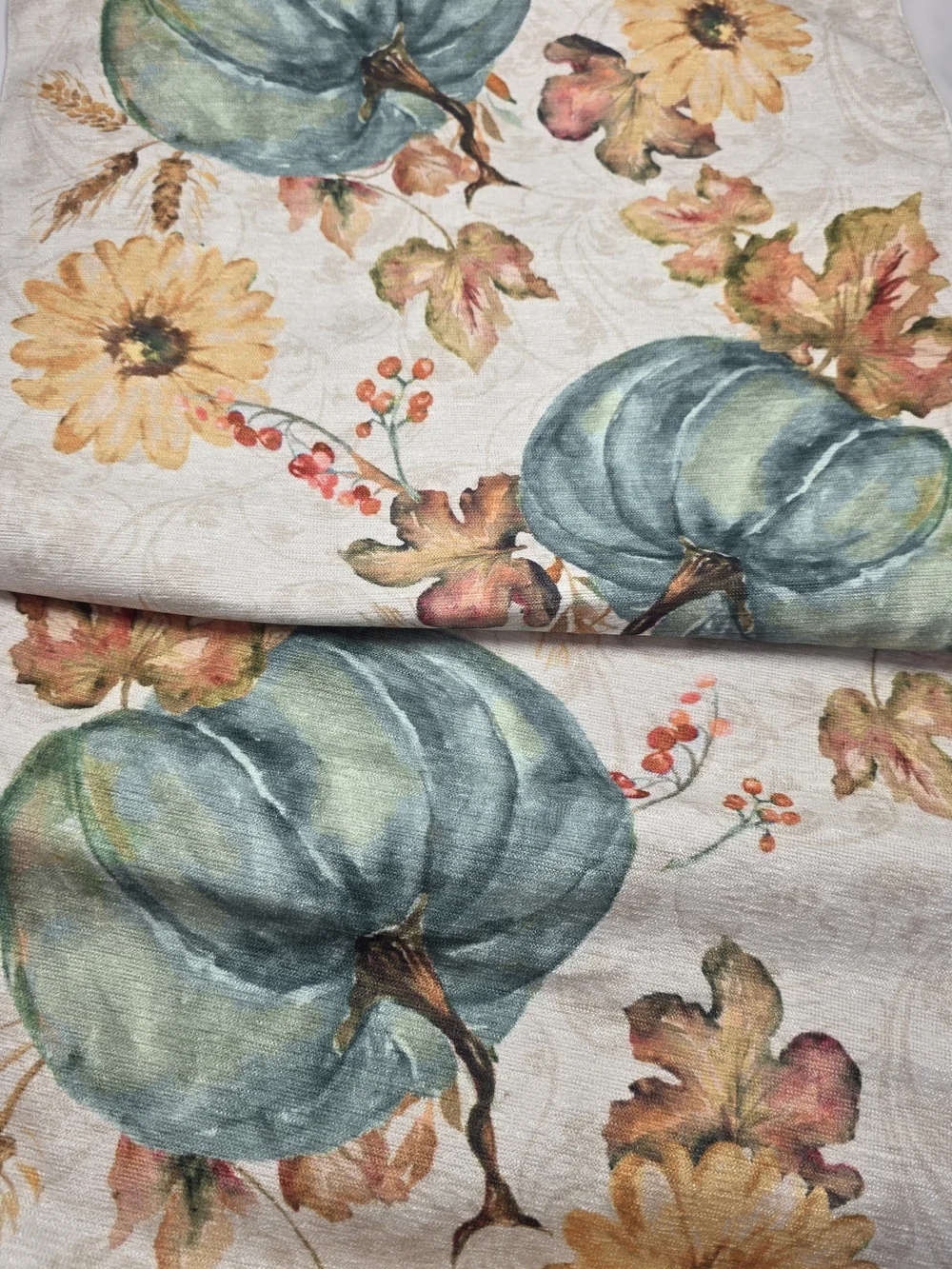Nicole Miller Teal and Cream Pumpkin Floral Tablw Runner